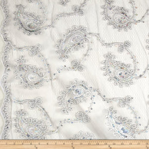 Silver Coco Paisley Sequin Double Border Lace Fabric