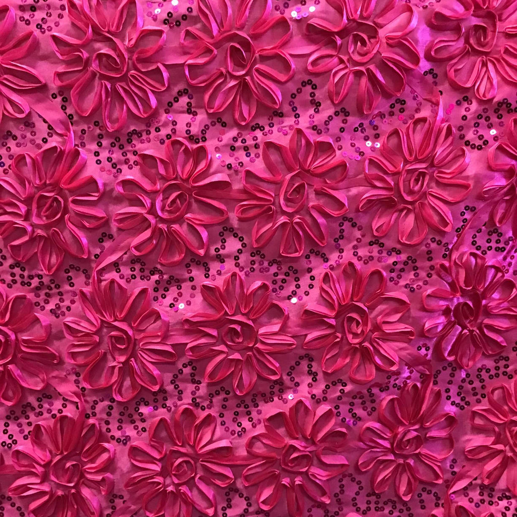 Fuchsia Sequined Rosette Satin Fabric