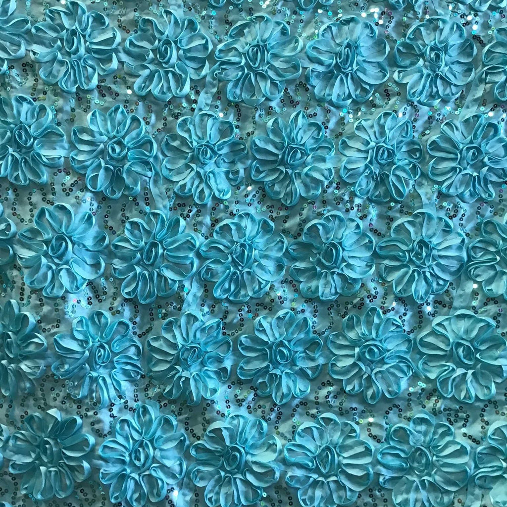 Aqua Sequined Rosette Satin Fabric