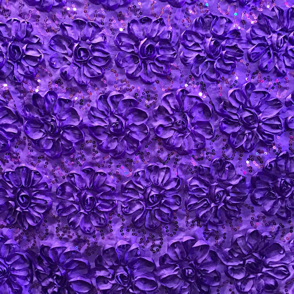 Purple Sequined Rosette Satin Fabric