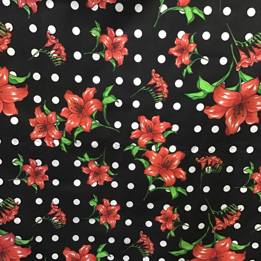 Florals and Polka Dot on Black Poly Cotton Fabric