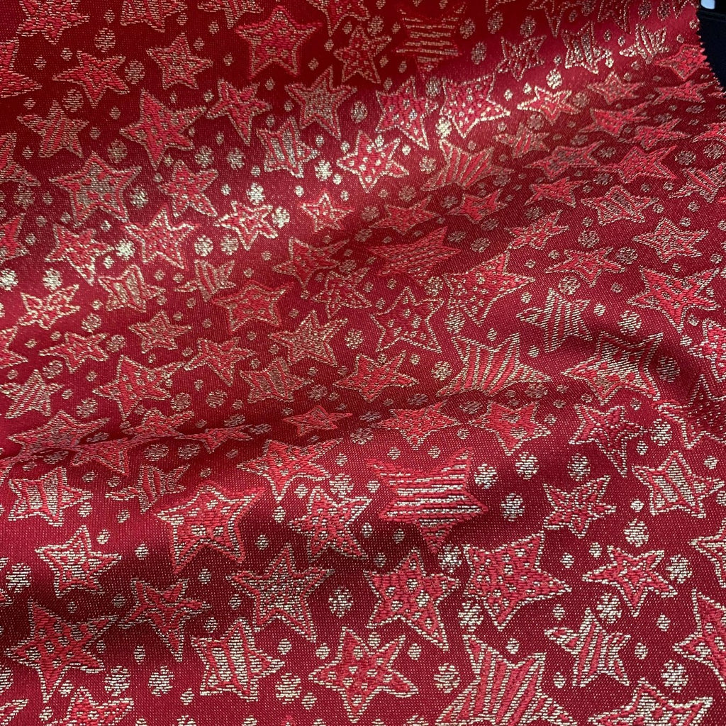 Red Gold Metallic Christmas Stars Brocade fabric