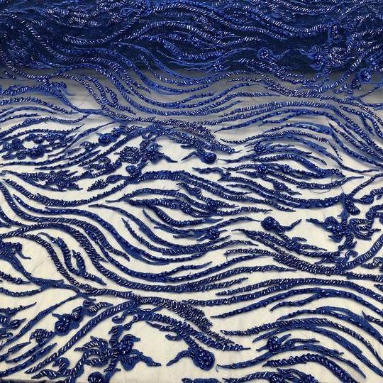 Royal Blue Beaded Zebra Pattern Embroidery Lace Fabric iFabric