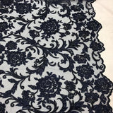 Navy Blue Beaded Floral Embroidery Lace Fabric