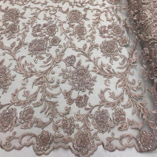 Blush Beaded Floral Embroidery Lace Fabric