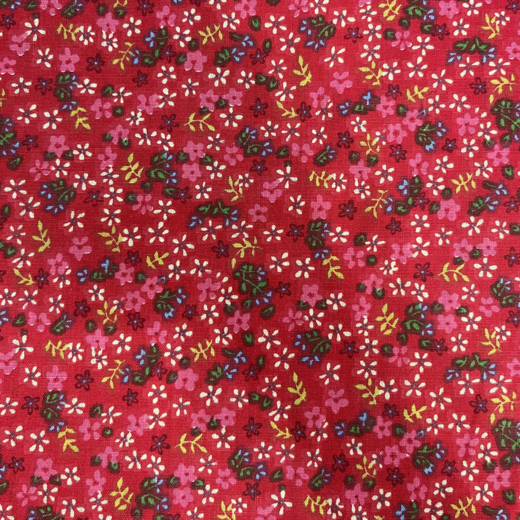 Yellow Blue Green Mini Flower on Red Poly Cotton Fabric