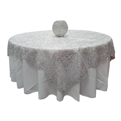 Silver Spider Mesh Sequin Overlay Tablecloth 60