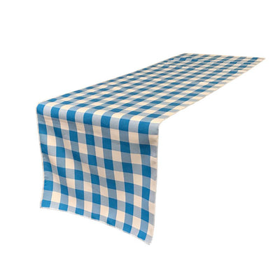 (4 / Pack ) 14 in. x 100 in. White and Turquoise Polyester Gingham Checkered Table Runner