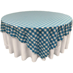 White Turquoise Checkered Square Overlay Tablecloth Polyester 85" x 85"