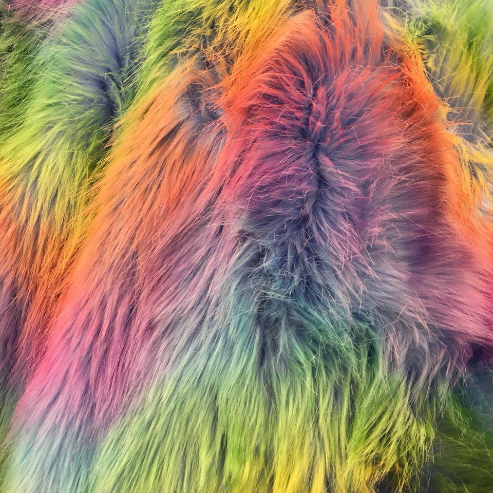 Blue Backing Faux Fur Wave Rainbow Fur Fabric