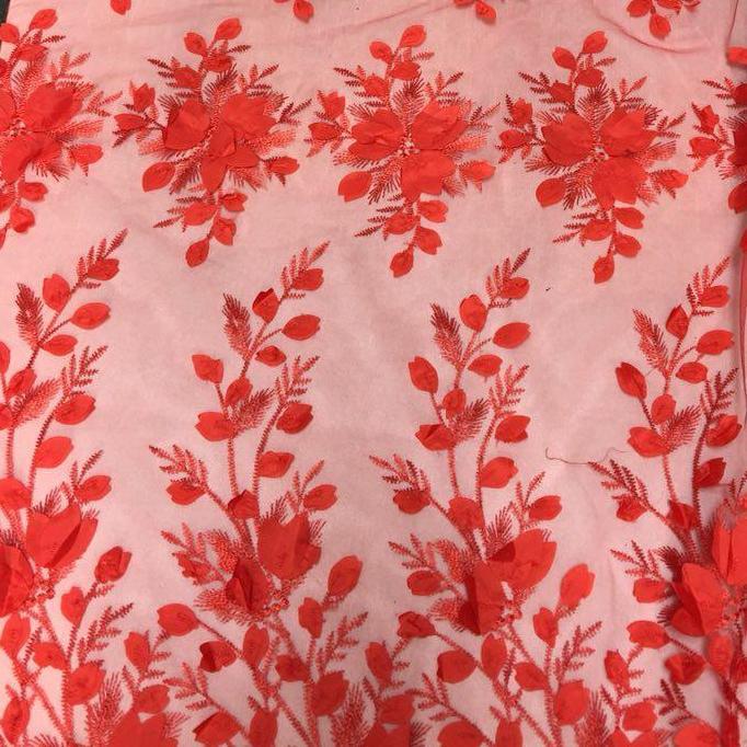 Red 3D Floral Lace Fabric