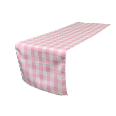(4 / Pack ) 14 in. x 100 in. White and Pink Polyester Gingham Checkered Table Runner