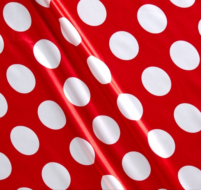 1/2" half inch White Polka Dot on Red Background Satin Fabric