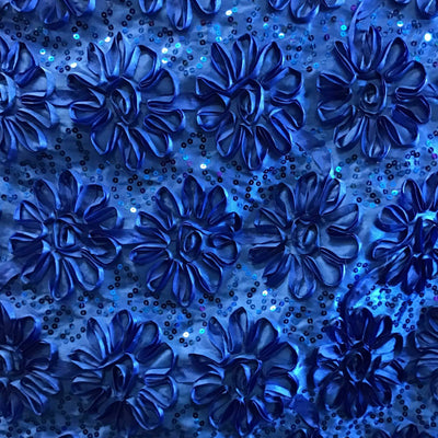 Royal Blue Sequined Rosette Satin Fabric