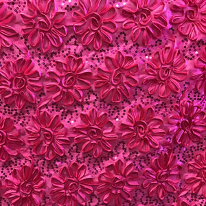 Fuchsia Sequined Rosette Satin Fabric