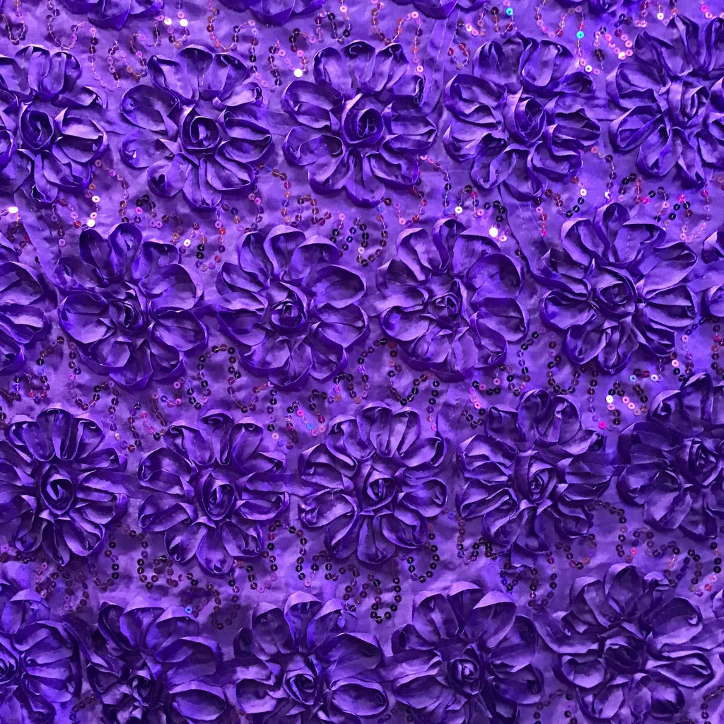 Purple Sequined Rosette Satin Fabric