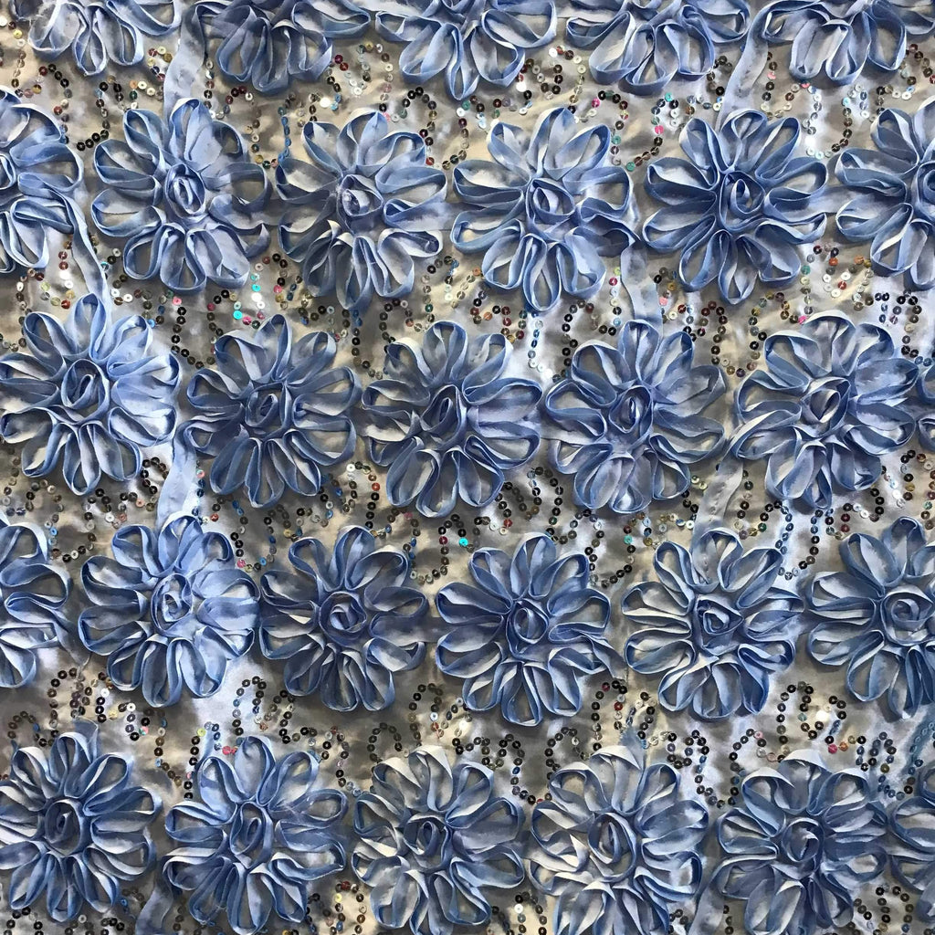 Light Blue Sequined Rosette Satin Fabric