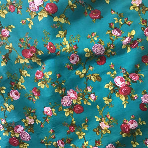 Floral Rose Red on Teal Poly Cotton Fabric
