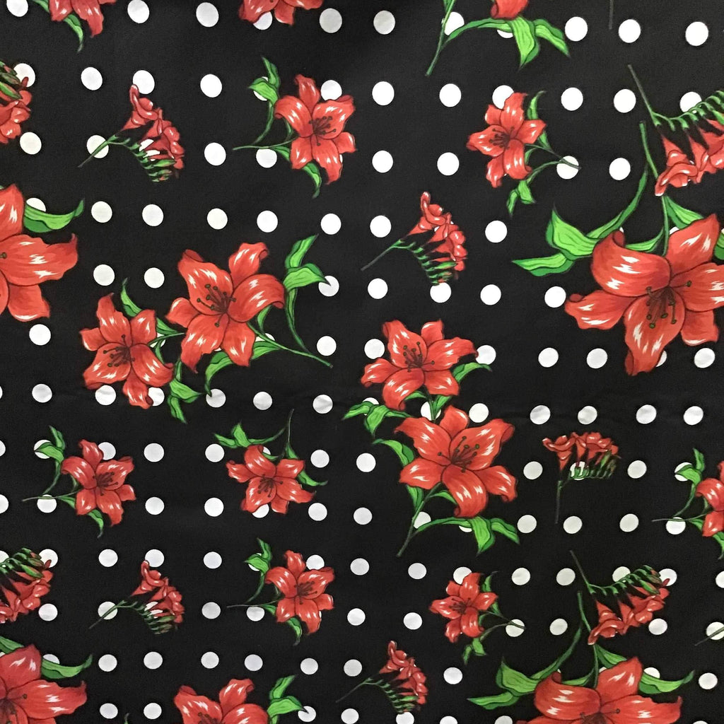 Florals and Polka Dot on Black Poly Cotton Fabric