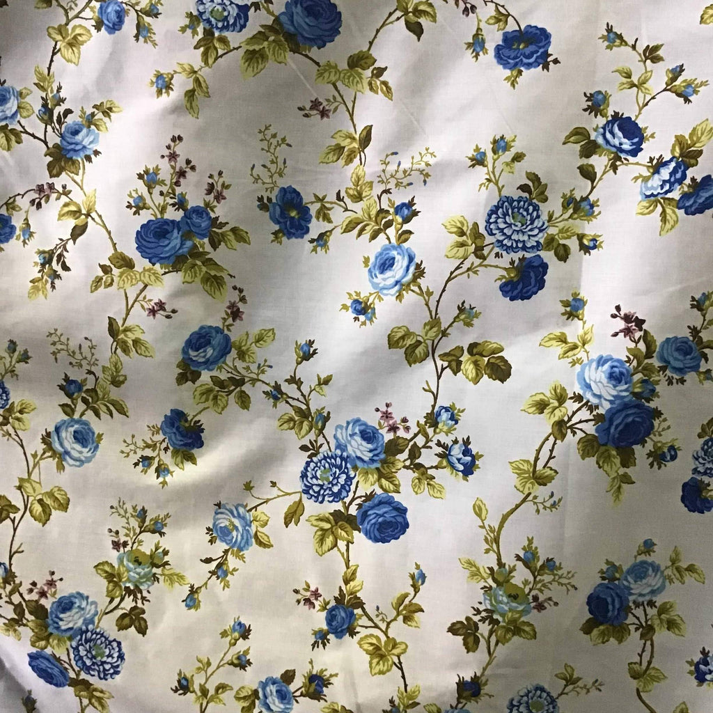 Floral Rose Blue on White Poly Cotton Fabric