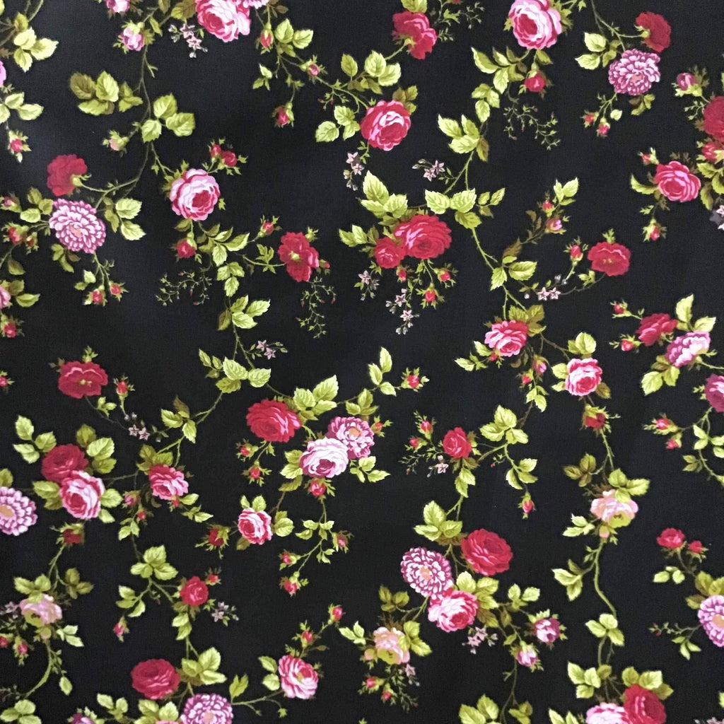 Floral Rose Red on Black Poly Cotton Fabric