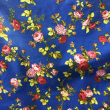 Floral Rose Red on Blue Poly Cotton Fabric