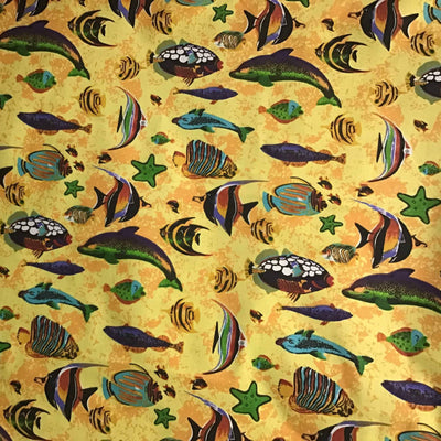 Marine Mixed Fish Yellow Poly Cotton Fabric