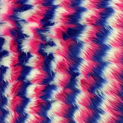 Red Blue White Zigzag Faux Fake Fur Long Pile Fabric