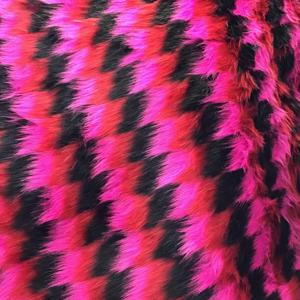 Black Red Fuchsia Zigzag Faux Fake Fur Long Pile Fabric
