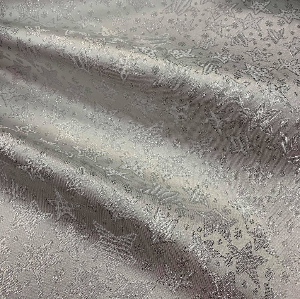 Silver White Metallic Christmas Stars Brocade fabric