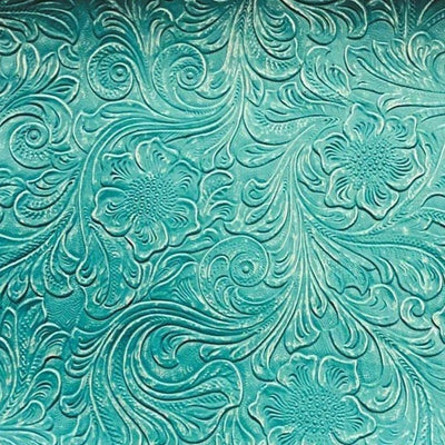 Turquoise Western Floral Pu Leather Vinyl Fabric / 50 Yards Roll