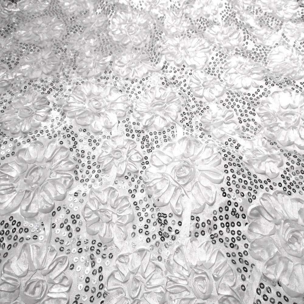 White Sequined Rosette Satin Fabric
