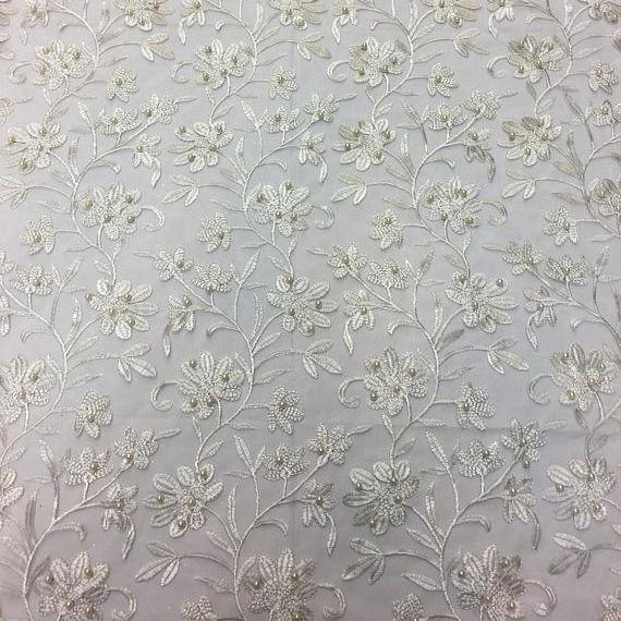 Ivory Orchid Pearl Floral Embroidered Lace Fabric