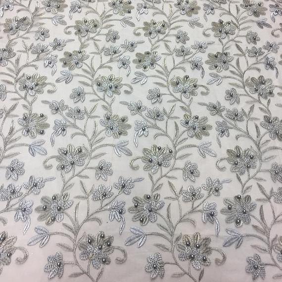 Silver Orchid Pearl Floral Embroidered Lace Fabric