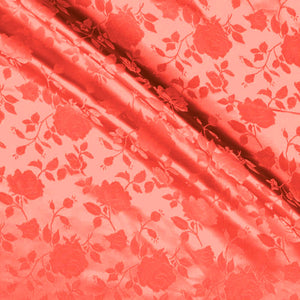 Coral Satin Jacquard Roses Fabric
