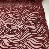Burgundy Beaded Zebra Pattern Embroidery Lace Fabric