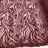 Burgundy Beaded Zebra Pattern Embroidery Lace Fabric