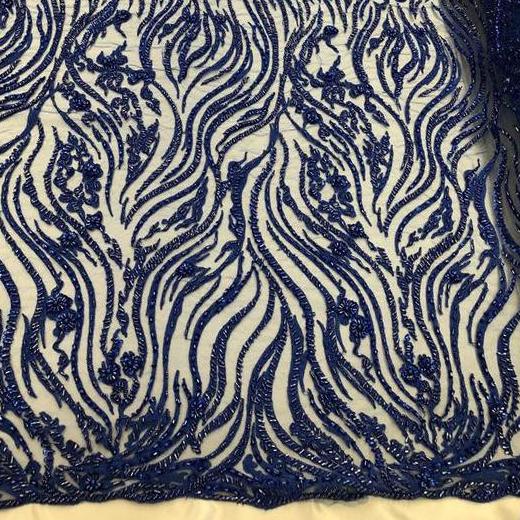 Royal Blue Beaded Zebra Pattern Embroidery Lace Fabric