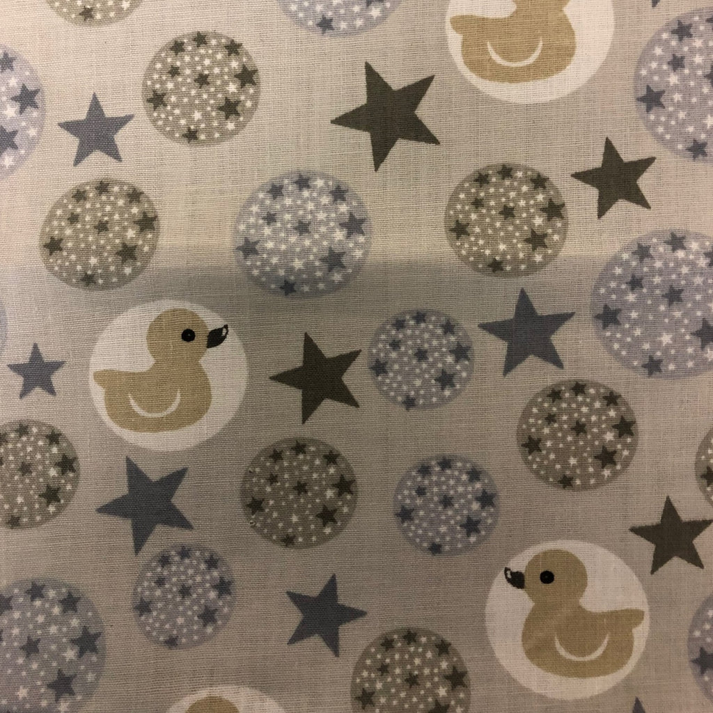 Rubber Ducky and Stars on Gray Poly Cotton Fabric