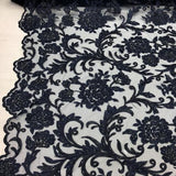 Navy Blue Beaded Floral Embroidery Lace Fabric