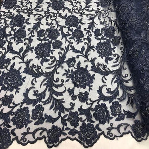 Navy Blue Beaded Floral Embroidery Lace Fabric