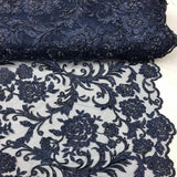 Navy Blue Beaded Floral Embroidery Lace Fabric