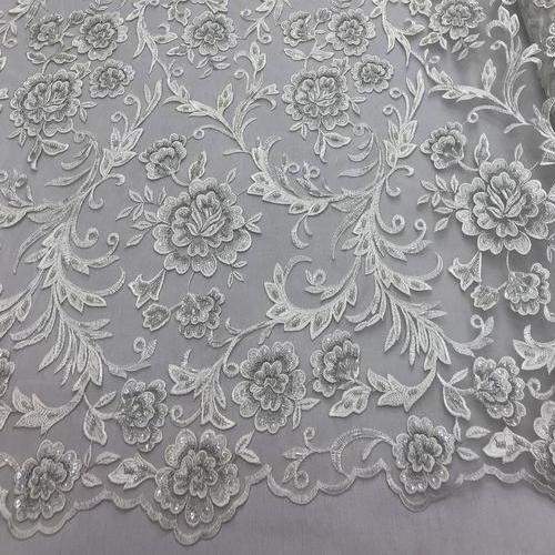 Ivory Beaded Floral Embroidery Lace Fabric