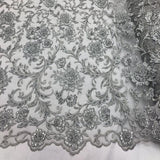 Silver Beaded Floral Embroidery Lace Fabric