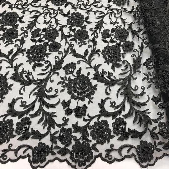 3D Black Rose Pattern with Silver Beading Black Lace Fabric