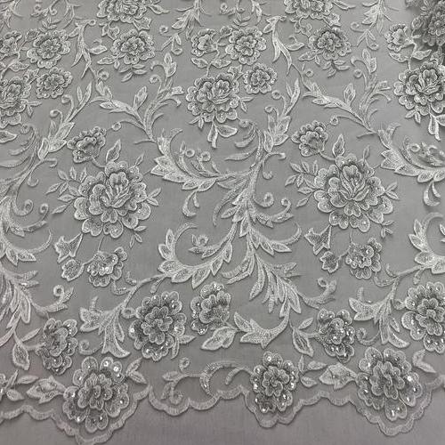 White Beaded Floral Embroidery Lace Fabric