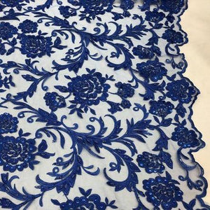 Royal Blue Beaded Floral Embroidery Lace Fabric