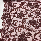 Burgundy Beaded Floral Embroidery Lace Fabric