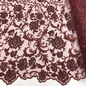 Burgundy Beaded Floral Embroidery Lace Fabric