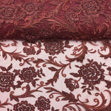 Burgundy Beaded Floral Embroidery Lace Fabric